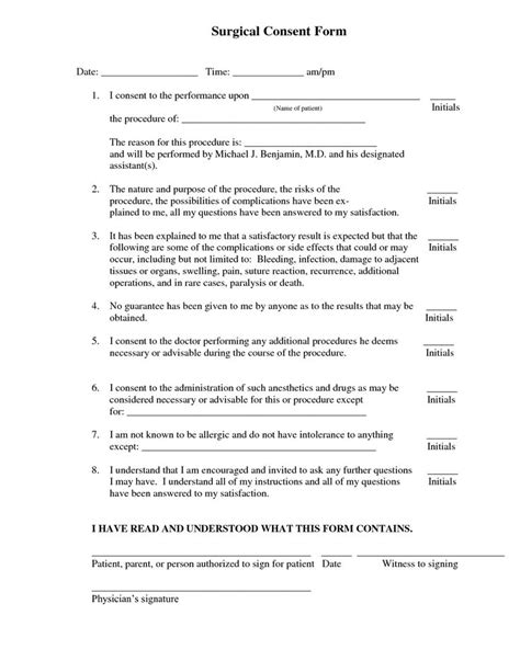 surgical consent form template consent forms medical