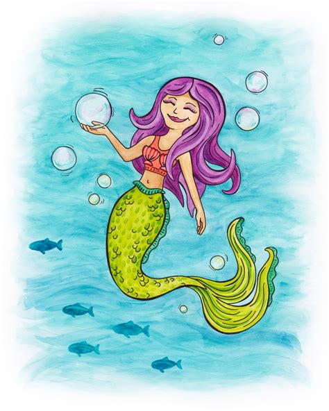Mermaid With Bubbles Underwater Sea Mermaid Watercolor Etsy