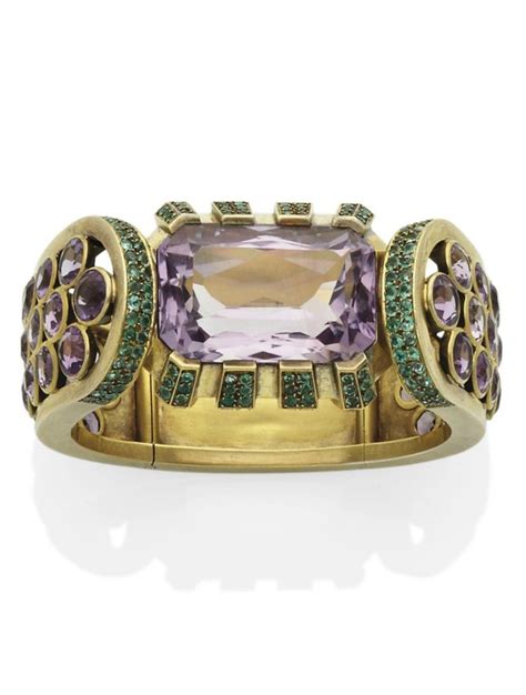 René Boivin A Modernist Gold Vermeil Amethyst And Emerald Bracelet Circa 1937 With French