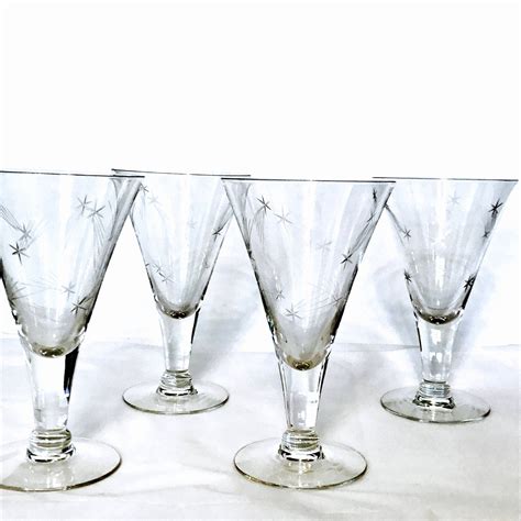 50s etched glass set set of 4 cocktail glasses atomic starburst mid century modern tall
