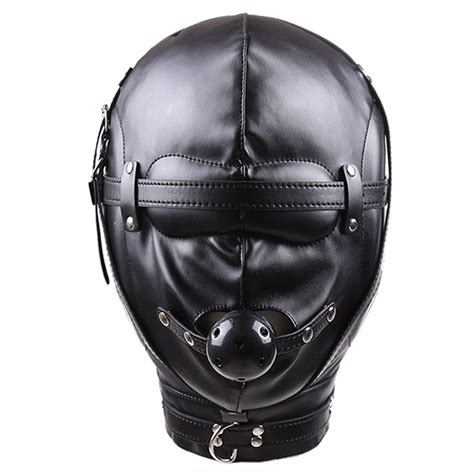 camatech pu leather headgear hood with ball gag fetish mouth stuffed full head bondage mask