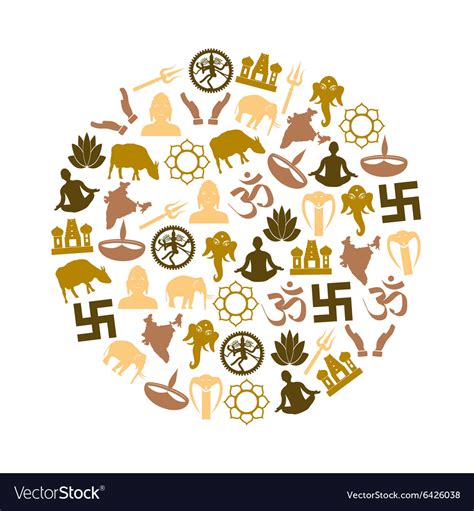 Hinduism Religions Symbols Set Of Icons In Circle Vector Image