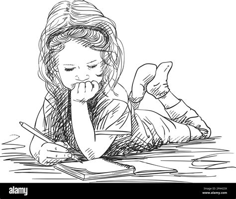 Child Girl Writing In Note Book While Lying On Floor With Chin On Hand
