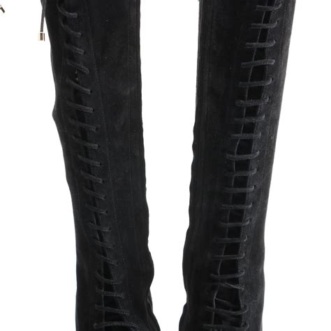 Jimmy Choo Black Suede Knee High Lace Up Boots With Susan Lucci Signed