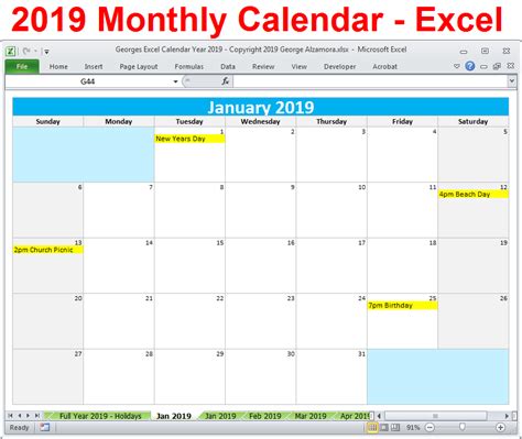 2019 Calendar Printable Yearly Monthly Editable Excel Digital Download