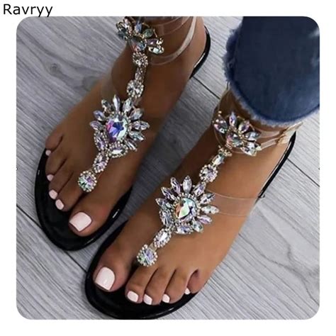 bling bling crystal sandals summer hot sale woman flats black flip flops both ankle buckles