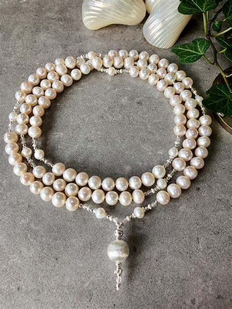 Long Mala From Freshwater Pearls Decorated With Silver Sterling