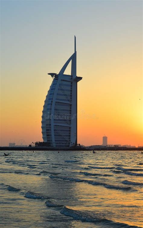 Burj Al Arab Hotel With The Beach At Sunset Stock Image Image Of