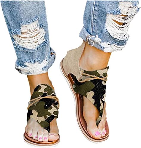 Women S Camouflage Print Flat Sandals Posh Gladiator Sandals Comfy Vintage Thong