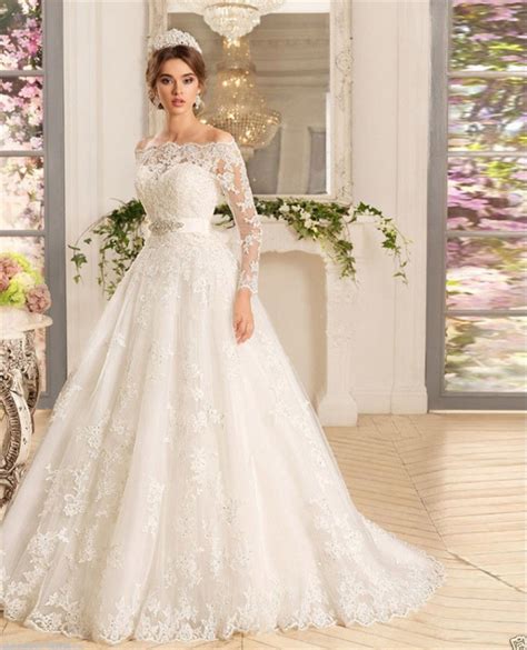 Aline wedding dress custom sizewhite ivory lace round neck bridal gown. Lace Wedding Dress Ivory A Line Long Sleeves Off Shoulder