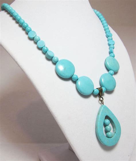 Chunky Turquoise Necklace Beaded Large Flat Rounds With Teardrop Open