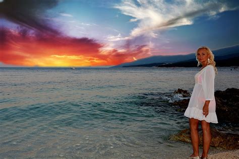 Free Images Beach Sea Coast Ocean Horizon Cloud Woman Sunrise Sunset Sunlight