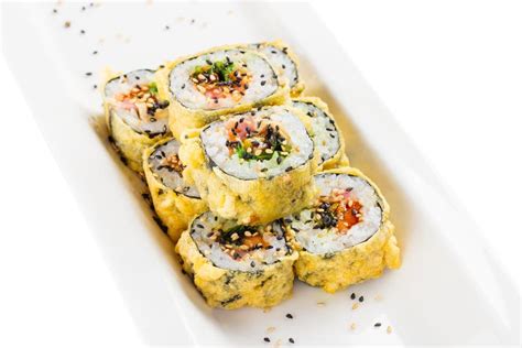 Tempura Maki Sushi Deep Fried Hot Sushi Roll With Salmon Tuna Stock