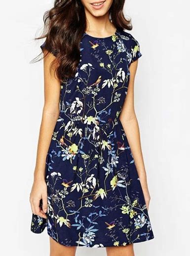 Womens Floral Dress Navy Blue With Yellow Flowers Birds