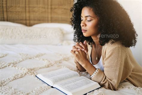 Bible Prayer And Black Woman Praying On Bed In Bedroom Home For Hope