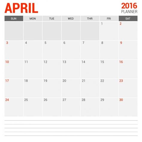 Free Vector April Monthly Calendar 2016