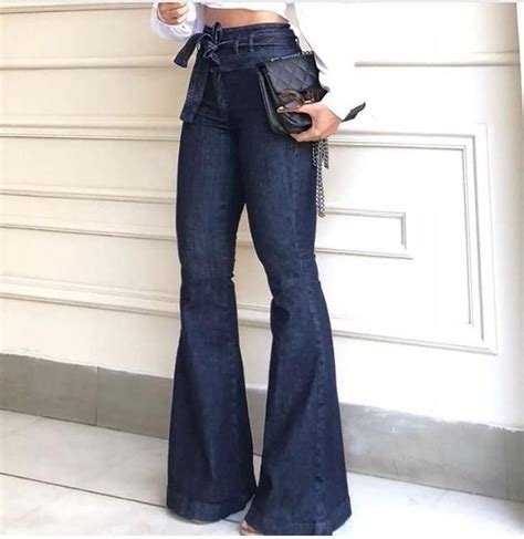 High Waisted Wide Flare Bell Bottom Denim Pants With Belt Tie Wide