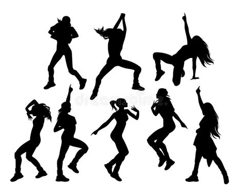 Female Hip Hop Dancers Black And White Vector Silhouette Set Stock
