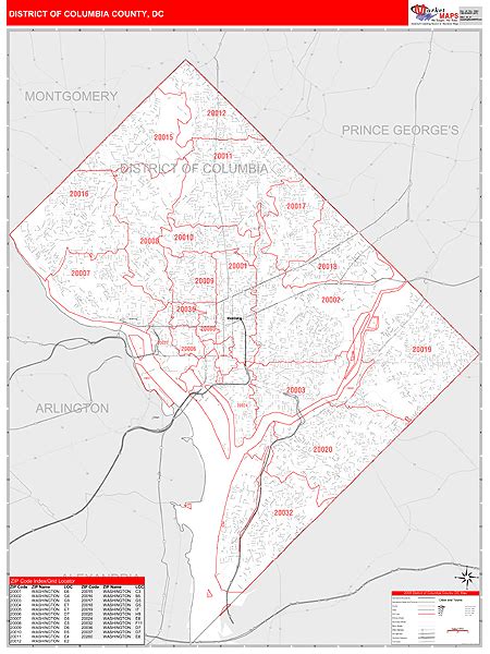 District Of Columbia County Dc Zip Code Wall Map Red Line Style By