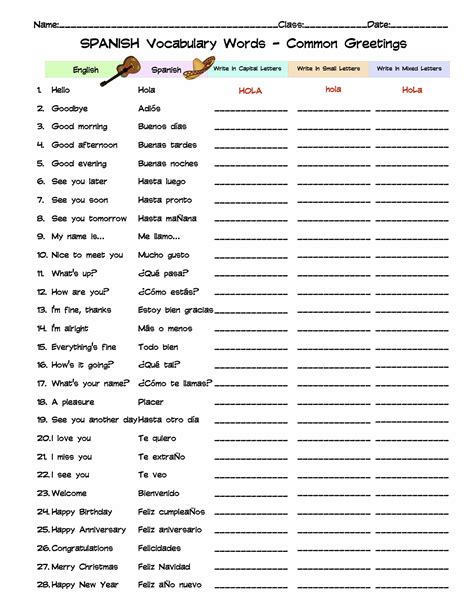 Spanish Common Greetings Vocabulary Word List Column Worksheet Made