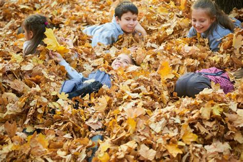 Children Are Lying And Playing On Fallen Leaves In Autumn City Park