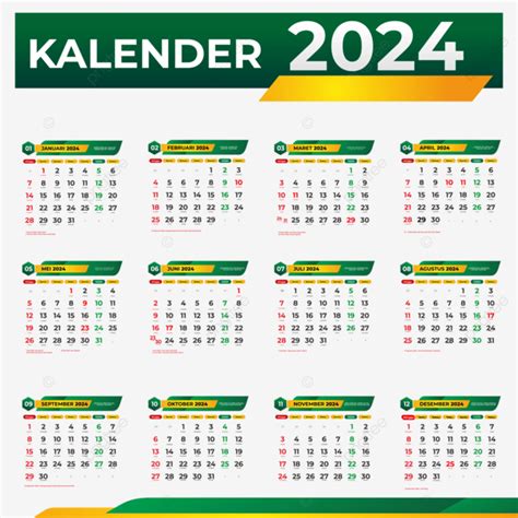 Templat Vektor Kalender Hijau 2024 Dengan Tanggal Jawa Hijriah Dan Hari