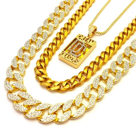 Mens Iced Out Cubic Zirconia Cz Gold Finish Miami Cuban Link Dream Chasers Pendant Chain Combo