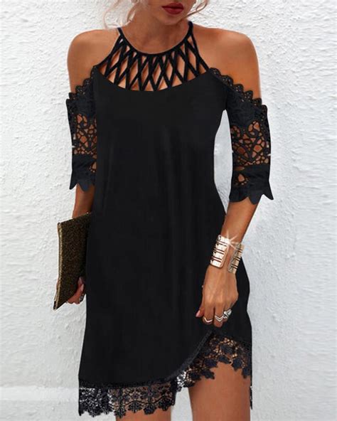 contrast lace hollow out cold shoulder casual dress