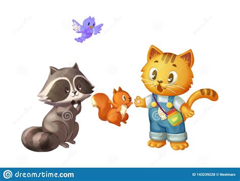 Cat And His Friends Bird Squirrel And Raccoon Animals