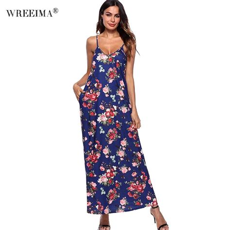 Wreeima Long Beach Maxi Dress Women Summer Floral Bohemian Dresses 2018 Casual Sleeveless Cotton