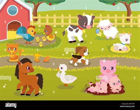 Cute Baby Farm Animals With Village Landscape Cow Pig Sheep Horse