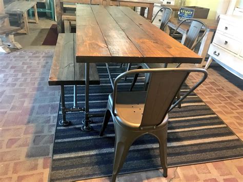 Industrial Style Farmhouse Table With Bench And Metal Chairs Black Pipe