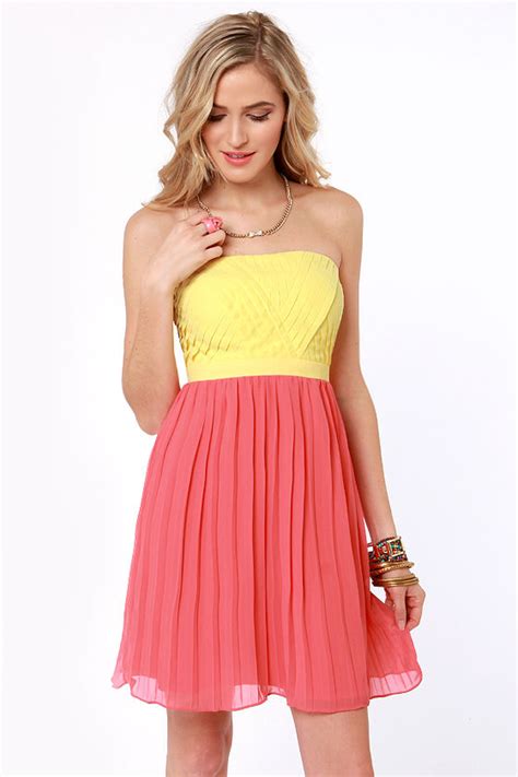 Lovely Strapless Dress Yellow Dress Coral Pink Dress 6800