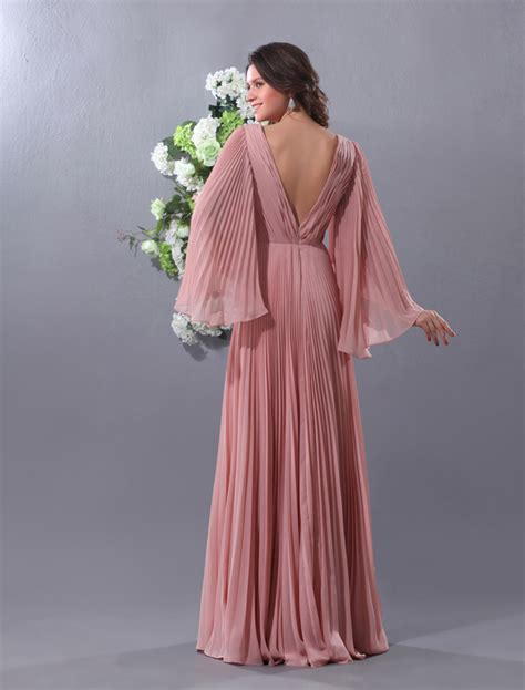 Blush Pink Evening Dress Chiffon Bell Sleeve Formal Dress Pleated V