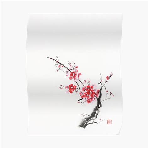 Cherry Blossom Abstract Japanese Zen Painting Of Sakura Branch With