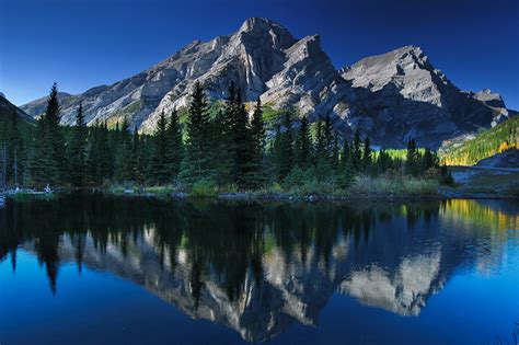 Photos Canada Alberta Nature Spruce Mountains Lake Reflected