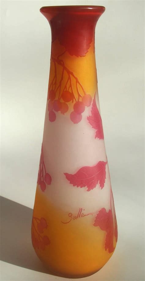 French Art Nouveau Red Orange Emile Galle Cameo Glass Vase With Foliage Berries For Sale At