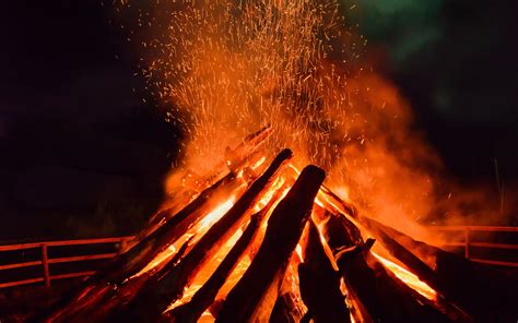 Download Wallpaper 3840x2400 Bonfire Flame Sparks Logs Night Dark