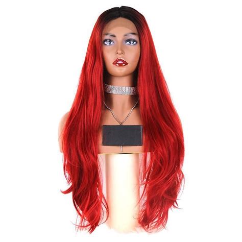 Natural Wave Long Dark Roots Ombre Red Synthetic Lace Front Wig Womens