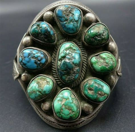 Vintage Navajo Heavy Hand Stamped Sterling Silver Turquoise Cluster