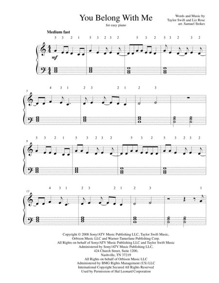 You Belong With Me For Easy Piano Music Sheet Download