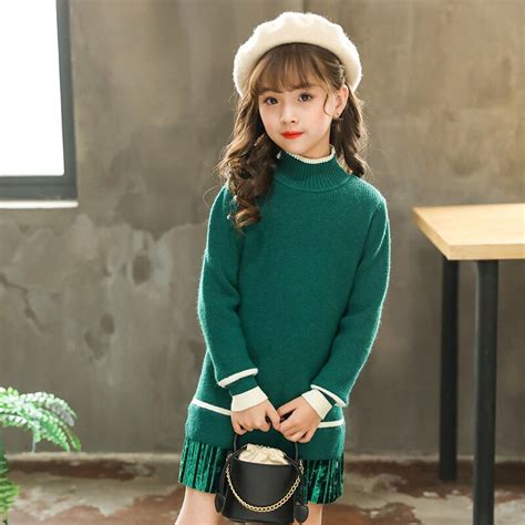 2018 New Girls Sweater Long Knitted Pullovers Casual Turtleneck