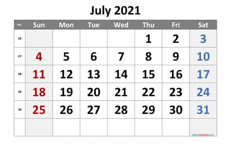 Monthly and weeekly calendars available. July 2021 Printable Calendar with Week Numbers [Free ...