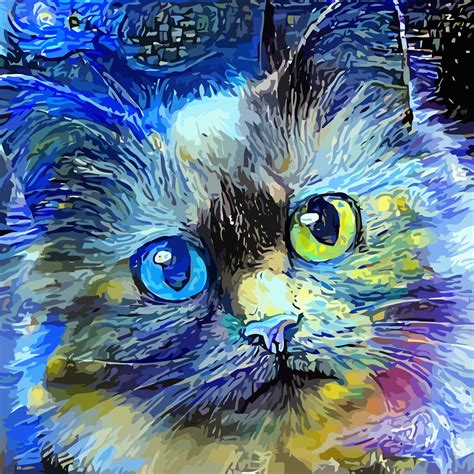 Starry Night Style Impressionist Tabby Cat Portrait Painting 3332076