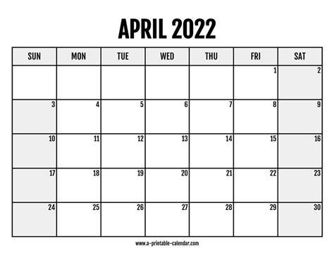 2022 April Calendar Printable A Printable Calendar