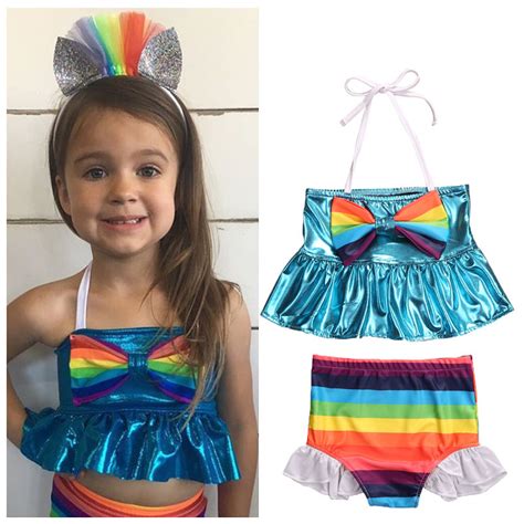 Little Girls Rainball Color Stripes Two Piece Swimsuit Baby Kids Girl