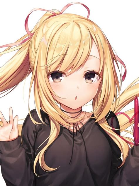 Download 600x800 Anime Girl Blonde Pen Long Hair Cute