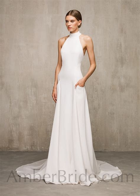 Simple Satin Sheath Wedding Dress With Halter Neck Sleeveless And