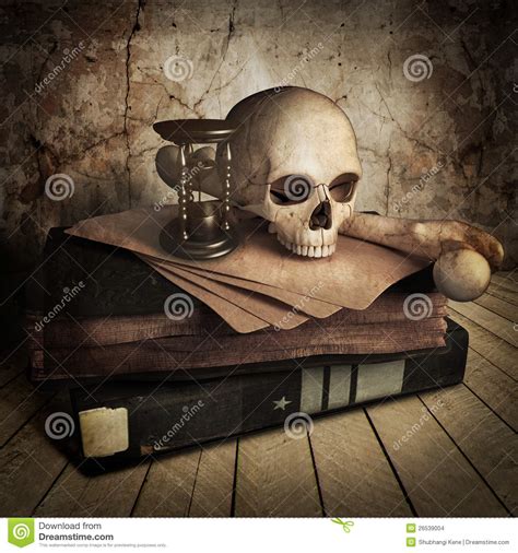 Front Side View Of Ancient Skull With Lots Books Stock Illustration ...