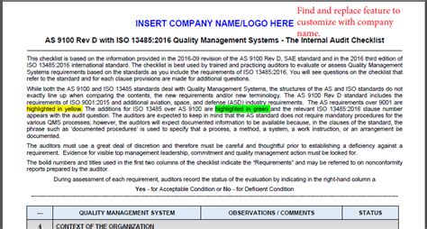As9100d To 134852016 Internal Audit Checklist Iso 13485 Store